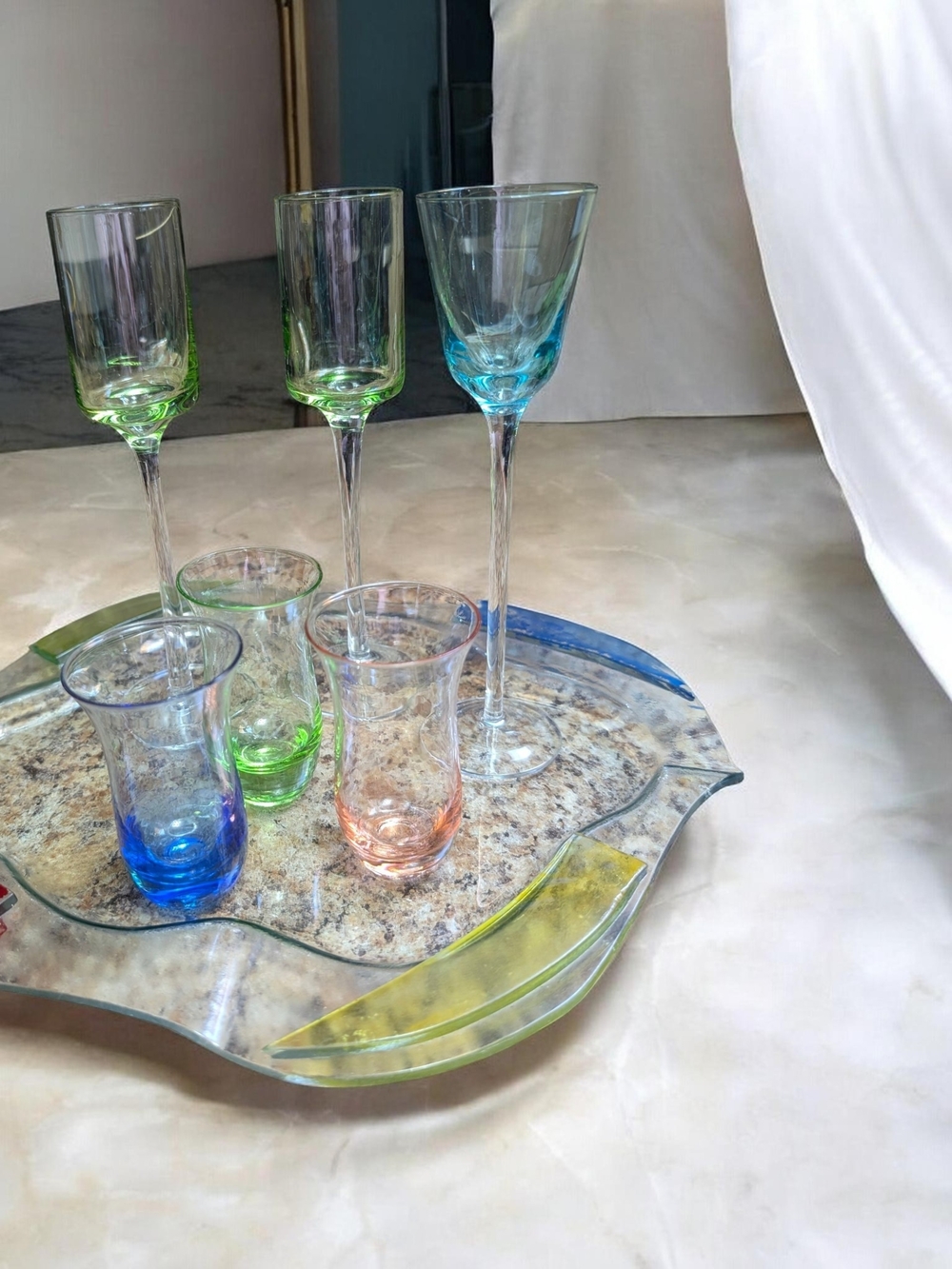 Assorted Colored Glassware Set - Blue, Green, Pink -